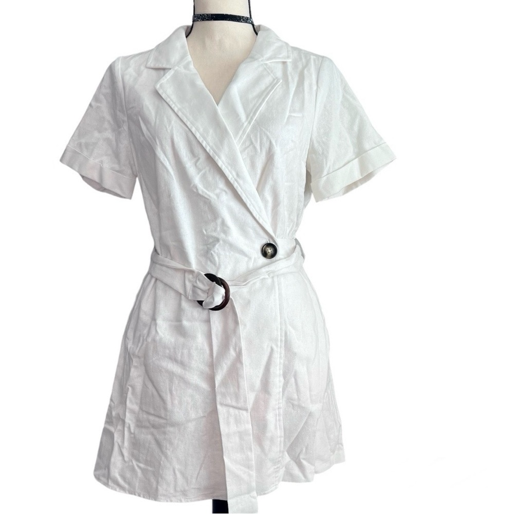 Lumiere white linen faux wrap belted skort romper